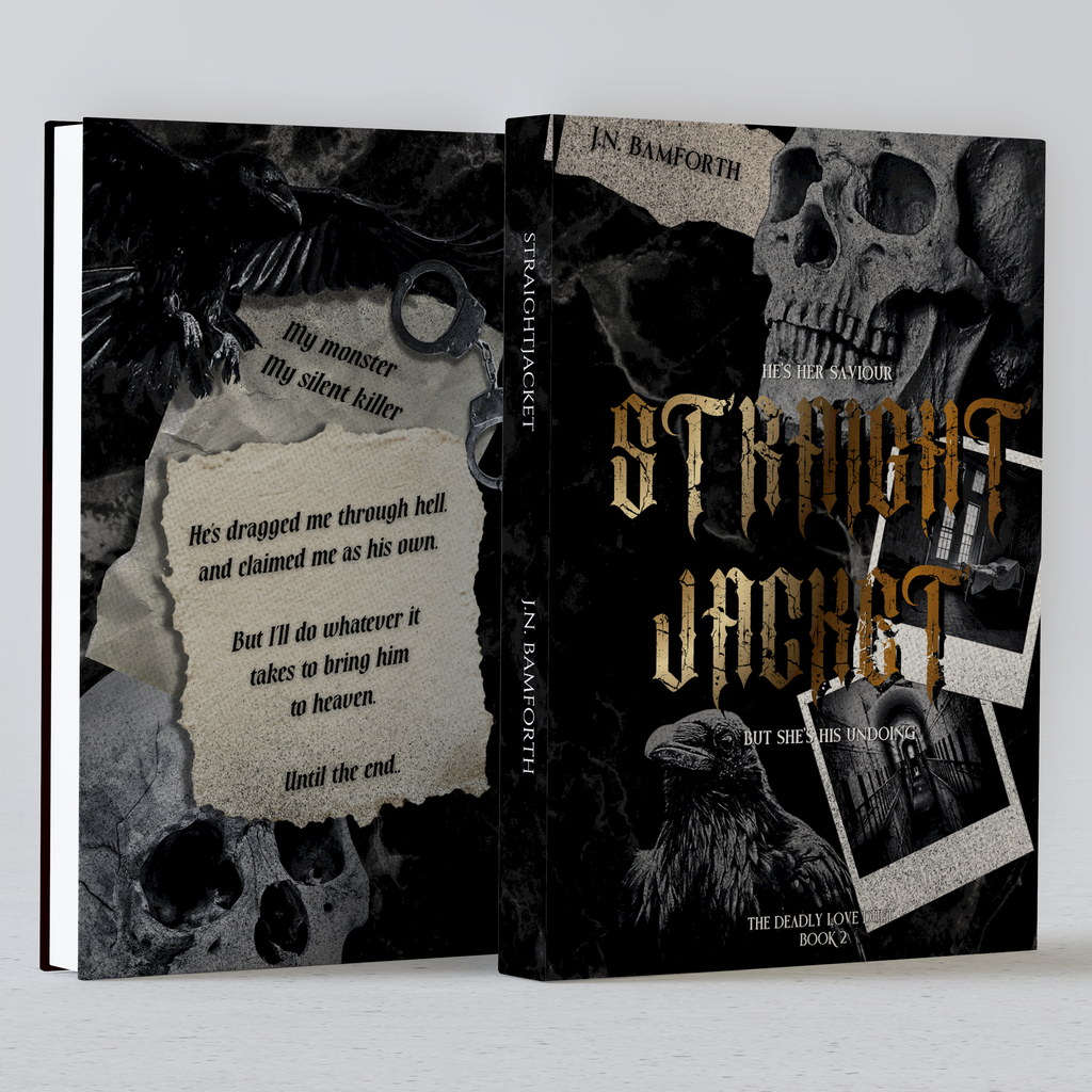 A book cover mockup showing the front and spine of a horror novel titled "Straight Jacket" by J.N.