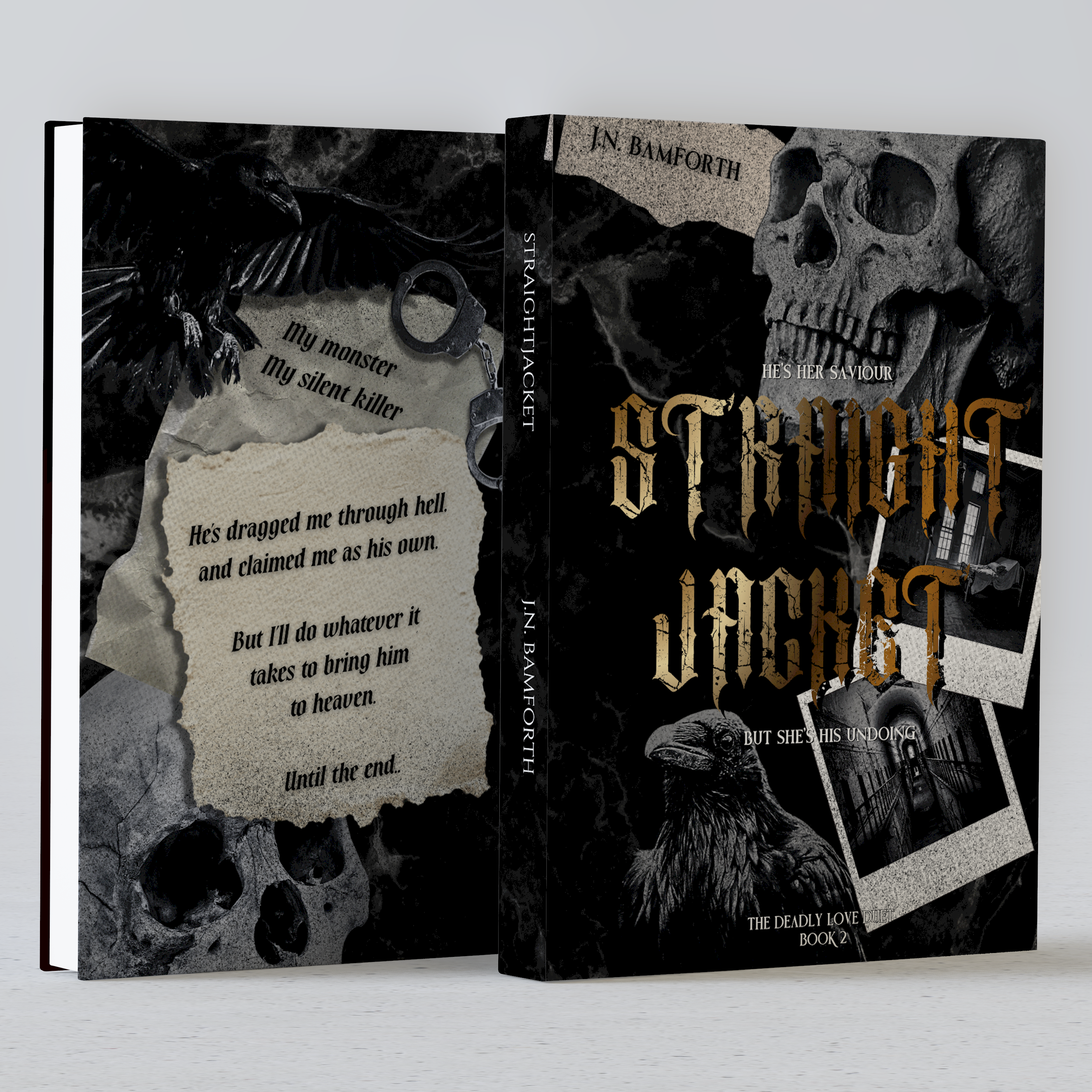 A book cover mockup showing the front and spine of a horror novel titled "Straight Jacket" by J.N.